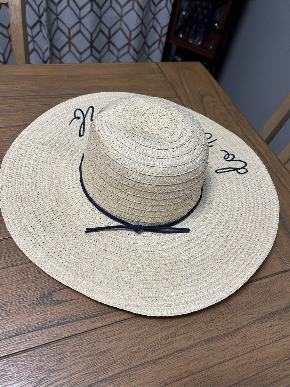 Wide Brim Straw Sun Hat "Do Not Disturb" - Natural with Navy Stitching - Picture 2 of 4